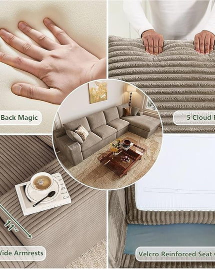 107" Cloud Couch Modular Sectional Sofa for Living Room, L-Shape Boneless Couch with Deep Seat, Modern Corduroy 3-Seater, No Assembly Required (Camel,Right-Facing Chaise)