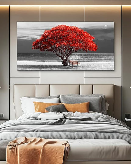 wall art for living room Decorations Photo Prints - panoramic black and white with red trees The moon Landscape - Modern Home Decor The room Stretched and Framed Ready to Hang artwork 30x60inches
