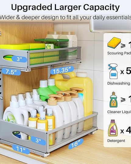 Under Sink Organizer, 2 Tier Pull Out Under Cabinet Organizer Shelf with Pad for Framed Cabinets, Metal Slide Out Under Sink Storage, Mesh Sliding Drawers for Kitchen Bathroom Laundry(Grey, 1 Pack)