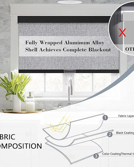 AOSKY Blackout Roller Shades Cordless Blinds for Windows, Free-Stop Shades with Valance, Thermal Insulated Fabric, UV Protection, Natural Woven Blinds for Home (36.5" W x 72" H, Heather Grey)