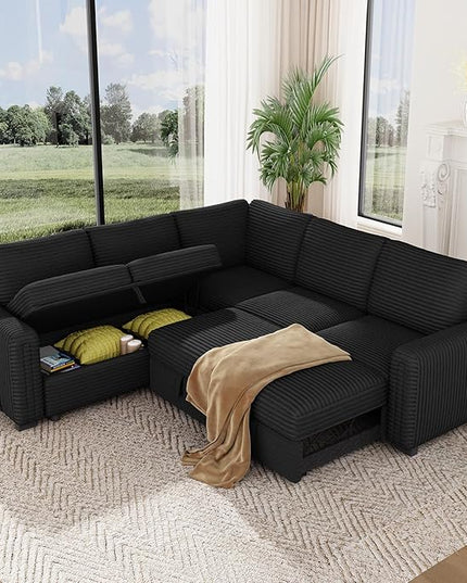 Vesgantti 88.4" Sectional Sleeper Sofa with Pull Out Bed, 5 Seater L Shaped Modular Sectional Couch with Storage, Comfy Corduroy Modular Couch for Living Room, Bedroom, Apartment, Black