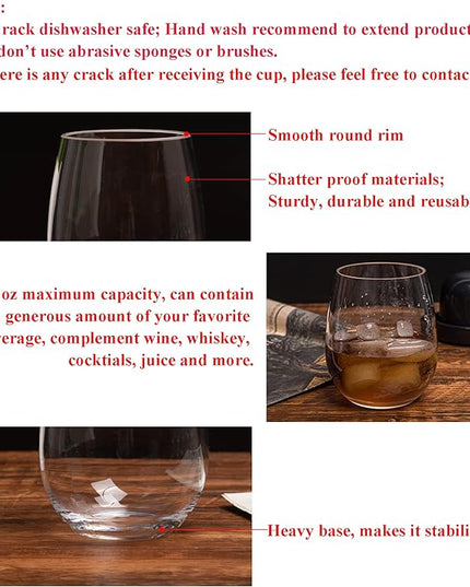 KOXIN-KARLU Classic 18-ounce Acrylic Stemless Wine Glasses, Unbreakable Mixed Drinkware Plastic Tumbler, set of 6 Clear