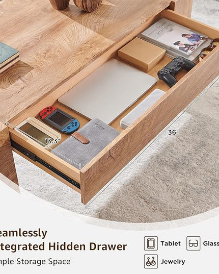 OKD 48" Modern Farmhouse Coffee Table, Wooden Living Room Table with Hidden Storage Drawer, Rustic Rectangular Center Tables w/Wood Thick Design for Living Room, Office, Light Knotty Wood