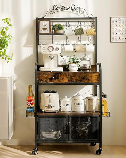 Coffee Bar Cart with Wheels, 5-tier Coffee Bar Table, Kitchen Coffee Bar Cabinet with Storage, Rustic Coffee Bar, Rolling Coffee Cart, Coffee Nook, Corner Coffee Bar Station with Drawer, Bakers Rack