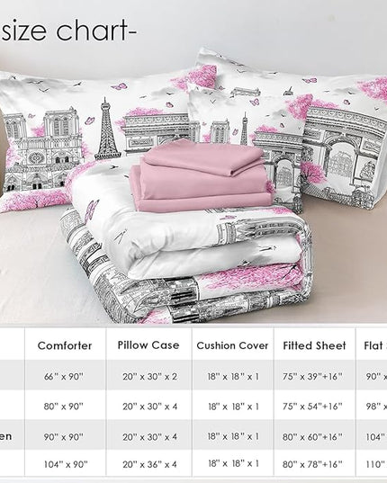 Bedbay Pink Paris Comforter Set with Sheets - 8 Piece Romantic Couple Bedding - Cal King Size Bed in a Bag- Pink Cherry Blossom Floral Comforter Bed Set