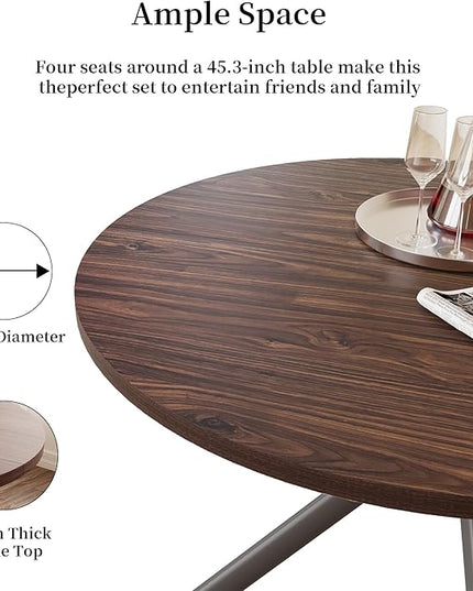 45.3 Inch Modern Round Dining Table for 4, Space-Saving Dinette with Carbon Steel Legs for Home Kitchen Apartment(Dark Walnut Table)