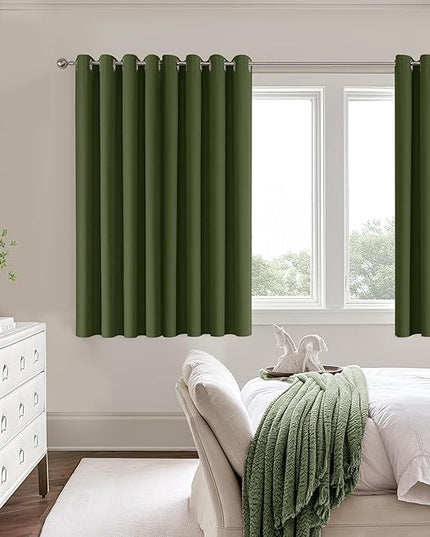 ChrisDowa 100% Blackout Olive Green Solid Curtains 54 Inches Long 2 Panels for Bedroom Living Room,Farmhouse Room Darkening Thermal Insulated Soundproof Grommet Top Window Treatment Drapes,52x54