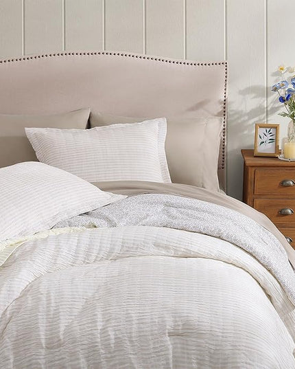 King Comforter Set - 7 Pieces Beige Gauze Muslin Bedding Sets for All Seasons, Lightweight Breathable Bed in a Bag King with Revesible Farmhouse Comforter, Sheets, Pillowcases & Shams