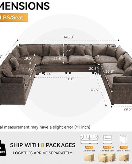 147'' Oversized U Shaped Cloud Sectional Sofa, Chenille Deep Seat Couches for Living Room, Comfy Upholstered Modular Sectional Sofa Couch, Brown
