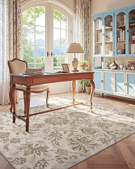 jinchan Torino Floral 5x7 Area Rugs, Vintage-Inspired Neutral Design Accent Rug, Machine Washable Ultra-Thin Low-Pile Non-Slip Traditional Carpet for Living Room Bedroom Dining Room Home Office, Taupe