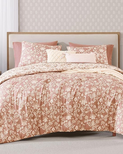 Full Comforter Set -7 Pieces Clay Pink Floral Comforter Set for All Seasons, Bed in a Bag Full with Botanical Flowers Comforter, Sheets, Pillowcases & Shams