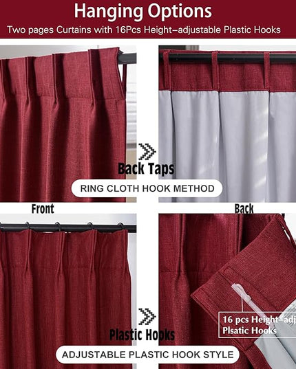 IVAPUPU Linen Pinch Pleated Blackout Curtains for Bedroom - Full Black Out Red Curtains 95 Inch Long 2 Panel for Living Room Darkening Thermal Window Curtain Drapes for Christmas Decor