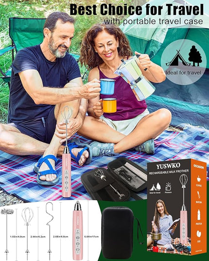 YUSWKO Rechargeable Milk Frother Handheld Frother Wand Drink Mixer for Coffee, Electric Whisk 3 Speed Adjustable, Coffee Foamer Maker with 3 Stainless Whisks Ideal Stirrers for Travel - Pink