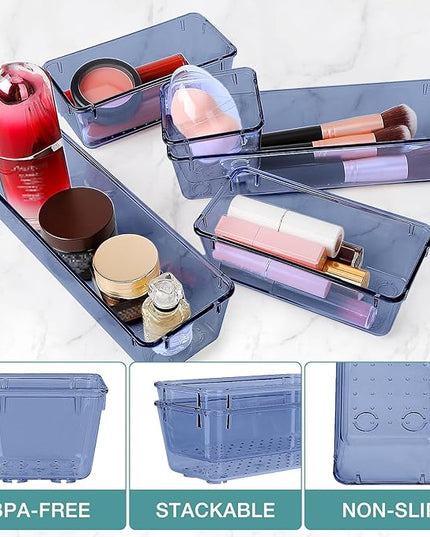 10 PCS Drawer Organizer Set, 5 Varied Size Bathroom and kitchen Drawer cabinet organizer Trays, Clear Storage Bins for Makeup, Jewelry, Utensils and Gadgets, Dark Blue