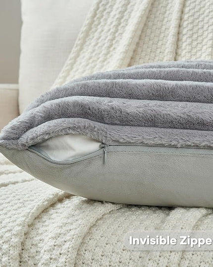 FUTEI Grey Throw Pillow Covers Set of 2, 24x24 Inch Striped Texture European Cushion Cases with Soft Faux Rabbit Fur Front & Velvet Back, Modern Decorative Couch Pillows for Living Room