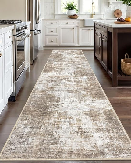 IOHOUZE Abstract Runner Rug 3x12 Ft Washable Runners for Hallways, Non Slip Kitchen Runner Printed Faux Wool Entryway Runner Indoor, Modern Abstract Floor Carpet for Hall Kitchen, Beige Brown