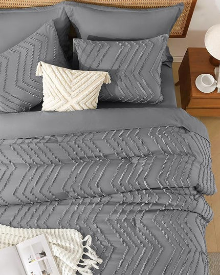 Litanika Full Size Comforter Set with Sheets Medium Gray - 7 Pieces Bed in a Bag Full Chevron Tufted Complete Bedding Sets with Comforter, Sheets, Pillowcases & Shams