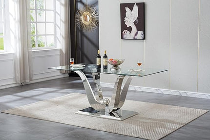 70" Silver Tempered Glass Dining Table, Modern Glass Kitchen Table Dining with Tempered Glass Tabletop and Unique Stainless Steel Pedestal, Modern Kitchen Dining Room Table for 8