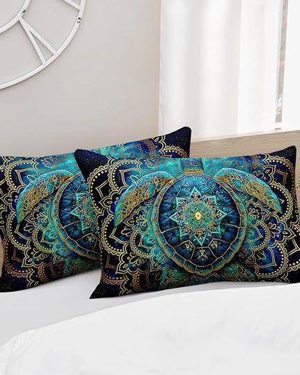 AILONEN Ethnic Turtle Bedding Set Queen Size - Blue Green Starry Mandala Boho Comforter Set with 2 Pillowcases,3-Piece Bedding