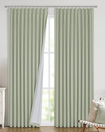 Vision Home Soft Green Pinch Pleated Full Blackout Curtains Linen Blended Room Darkening Window Curtains 112 inch for Living Room Bedroom Thermal Insulated Pinch Pleat Drapes with Hooks 60" Wx112 Lx1