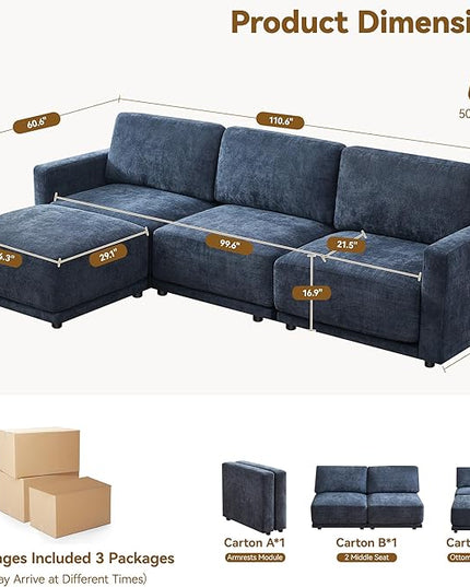 110.6" L Shaped Modular Sectional Sofa Modern Chenille Comfy Couch with Thickened Seat Cushions, Easy Assembly, Upholstered 4 Seater Couch with Movable Ottoman for Living Room, Blue