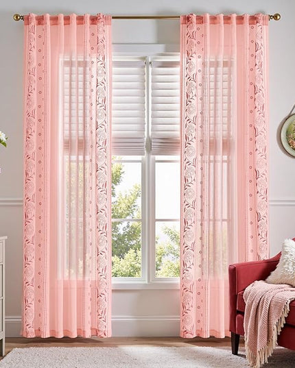 jinchan Winslow Pink Sheer Curtains 84 Inch for Bedroom Living Room Embroidered Bordered Floral Nursery Curtains for Girls Room Dorm Light Filtering, 2 Panels, 50W x 84L