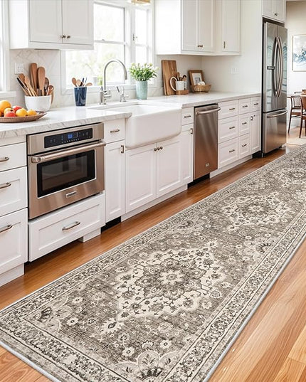 Washable Oriental Hallway Runner Rug - 3x14 Rugs for Living Room Soft Carpet for Bedroom Kitchen Waterproof Floral Distressed Indoor Stain Resistant Non-Shedding Floor Carpets (Beige, 3X14)