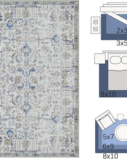 jinchan Kalen Area Rug 2x3 Washable Entryway Rug Soft Door Mat Vintage Indoor Entrance Thin Retro Distressed Carpet Blue Floral Country Boho Non Slip Doormat Bathroom Kitchen Bedroom