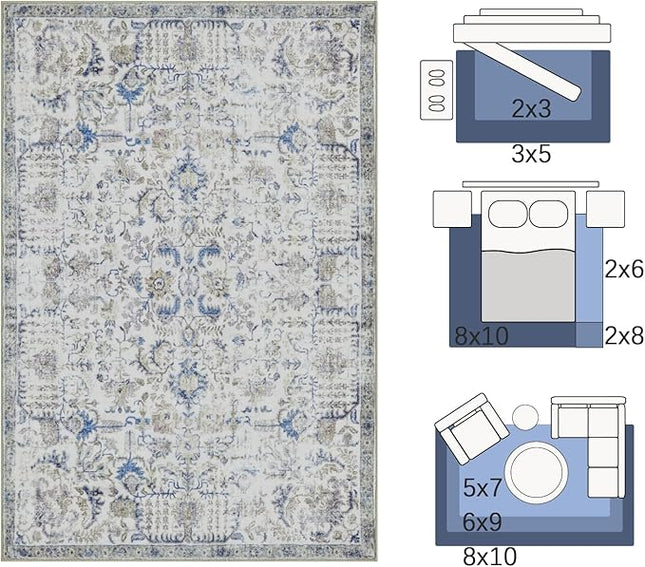 jinchan Kalen Runner Rug 3x7 Washable Area Rug Soft Indoor Floor Cover Thin Retro Distressed Blue Multi Carpet Floral Print Country Boho Non Slip for Bathroom Kitchen Bedroom Living Room