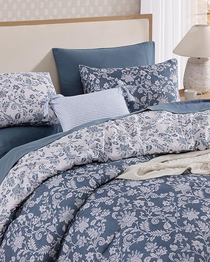 King Comforter Set -7 Pieces Floral Oxford Blue Comforter Set for All Seasons, Bed in a Bag King with Botanical Flowers Comforter, Sheets, Pillowcases & Shams