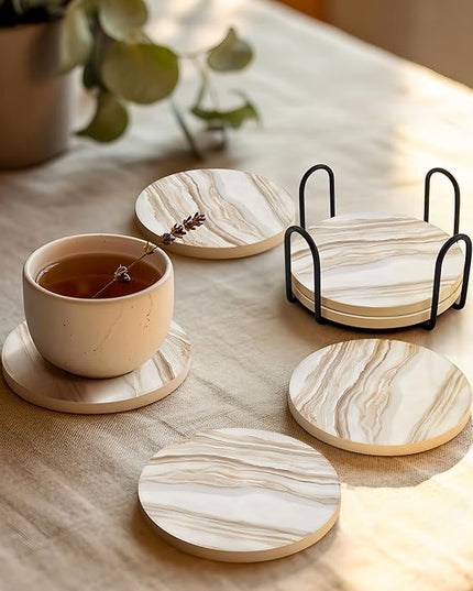VEYRO Coasters Set of 4 for Drinks – Absorbent Ceramic Stone Drink Coasters with Cork Backing for Coffee Table & Desk, Modern Marble Look Cup Coaster Set, Housewarming Gift for New Home