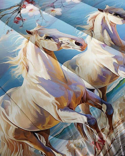 Western Farmhouse Horse Comforter Set,Pink Cherry Blossoms Bedding Sets for Kids Teens Girls Room Decoration,Coastal Beach Theme Bedding King Size Comforter Sets for Girls with 2 Pillowcases.