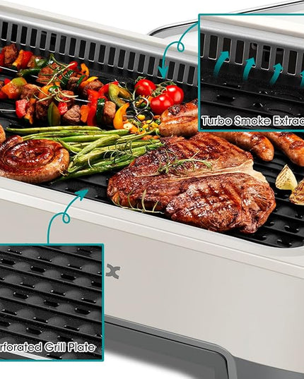 CUSIMAX Smokeless Grill, Korean Grill, 1500W Electric BBQ Grill with Tempered Glass Lid & LED Smart Display, Non-stick Removable Grill Plate, Off-White