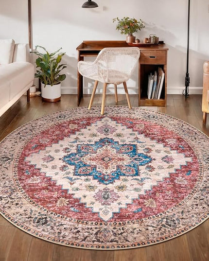 Ciicool Boho Area Rug Washable 6x6ft Round Bedroom Rug Non-Slip Oriental Throw Rug Low-Pile Floor Carpet for Dining Room Living Room