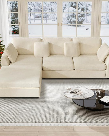 Tbfit L Shaped Couch, Oversized 108" Modular Sectional Sofa with Convertible Chaise, Comfy 4 Pillows Sofa for Living Room, Cream