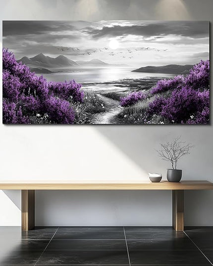 Canvas Wall Decor for Office Large Wall Art for Living Room Modern Bedroom Wall Decoration Purple Flowers Landscape Pictures Black and White Scenery Paintings Artwork Aesthetic Home Decor