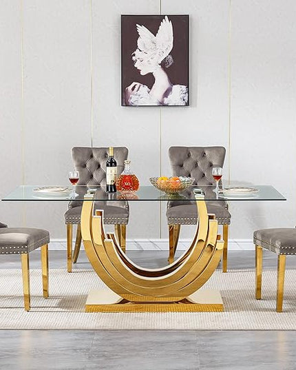 Henf 5-Piece Glass Dining Table Set with 4 Upholstered Dining Chairs,Large Glass Dining Room Table Set for 4, Modern Kitchen Table Furniture for Dining Room, Gold Dining Table and Chair Set for 4