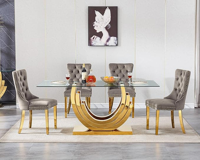 Henf 5-Piece Glass Dining Table Set with 4 Upholstered Dining Chairs,Large Glass Dining Room Table Set for 4, Modern Kitchen Table Furniture for Dining Room, Gold Dining Table and Chair Set for 4