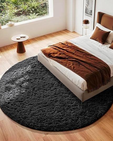 Ophanie Round Rug 8Ft Black Circle Area Rug, Room Decor for Men, Fluffy Fuzzy Bedroom Carpet, Plush Soft Shaggy Living Room Rugs for Kids Home Decor Aesthetic, Nursery