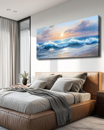 XIGUANGART Large Wall Decor for Living Room Ocean Paintings Canvas Prints Wall Art for Bedroom Blue Modern Minimalist Artwork Beach Sunrise Sea Wave Nature Pictures Office and Bathroom Home Decor