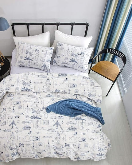 CLOTHKNOW Kids Comforter Set Twin/Twin XL 3Pcs Cartoon Vehicle Bedding Comforter Sets Blue White Comforter Boys Bedding Twin Tank Aircraft Pattern