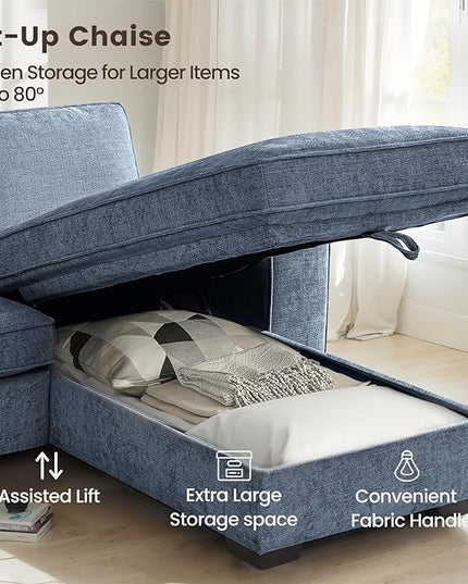 PARKOL 102" L-Shaped Sectional Couch with Storage, Sofa with Reversible Chaise, USB Type-C Charging, Chenille Fabric, Removable Cushion Covers, for Small Space, Apartment, Living Room, Blue