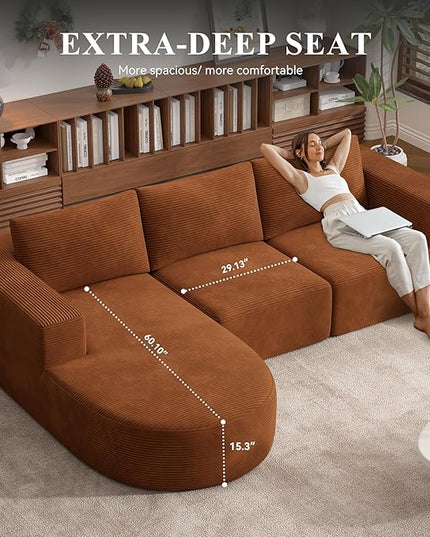 Modular Sectional Sofa with L-Shape Chaise,Cloud Sectional Modern Sleeper Couch with Deep Seat,Sponge Compression Sofas No Assembly Required (Brown-Corduroy Fabric) 1PCS