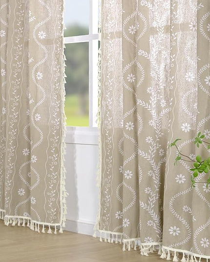 Boho Curtains 2 Panel for Living Room 84 Inches Long Linen Floral Curtains Semi Sheer Vintage Farmhouse Window Curtain Rustic Western Curtain Tan