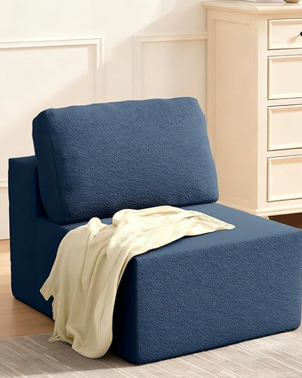 30" Modular Upholstered Foam Couch, Upholstered Floor Sofa Couch with Pillow, Bean Bag Chair for Bedroom Living Room, No Assembly Required (Blue, Teddy Boucle)