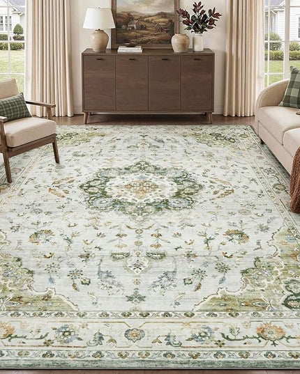 PADOOR-Vintage Area Rug 8X10 Rugs for Living Room-Soft Green Rugs for Bedroom-Machine Washable Rug Non Slip Carpet-Rug for Dining Room Living Room Bedside Office