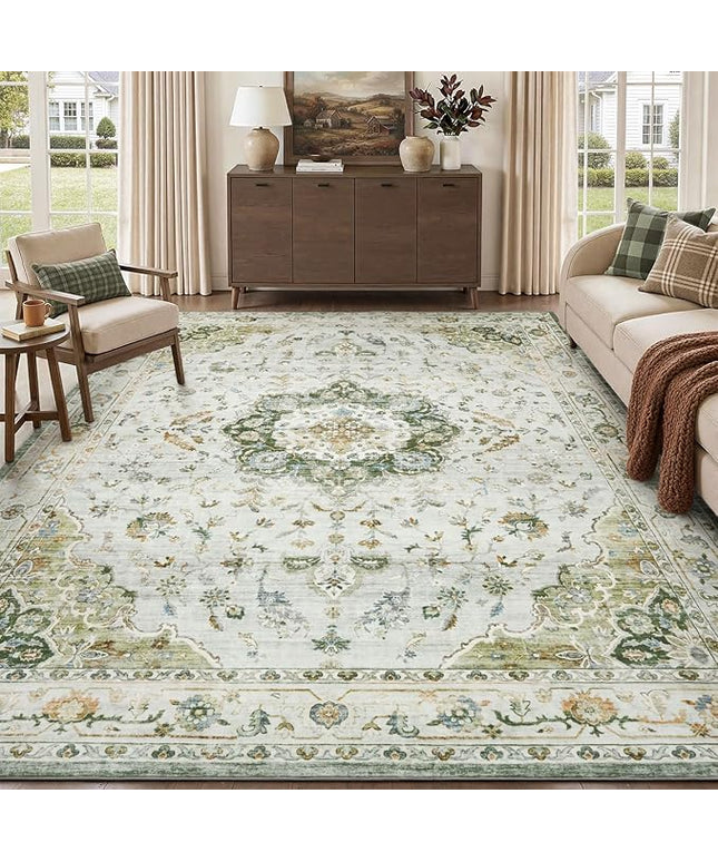 PADOOR-Vintage Area Rug 8X10 Rugs for Living Room-Soft Green Rugs for Bedroom-Machine Washable Rug Non Slip Carpet-Rug for Dining Room Living Room Bedside Office