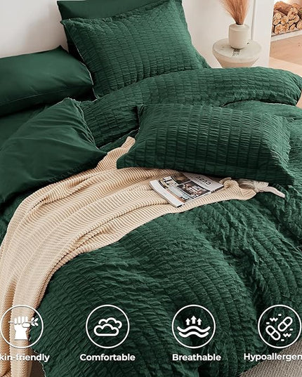 HYMOKEGE Emerald Green California King Comforter Set Seersucker 7 Pieces, All Season Luxury Bed in a Bag for Bedroom, Bedding Set with Comforter, Sheets, Pillowcases & Shams