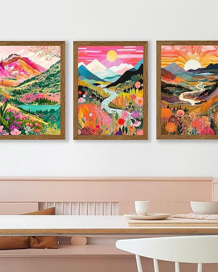DUWQU 3 piece Colorful Watercolor Mountain Canvas Wall Art Boho Floral Painting Picture Wall Decor Abstract Nature Landscape Poster Print Artwork for Living Room Bedroom Office 12x16 Inch Wood Frames