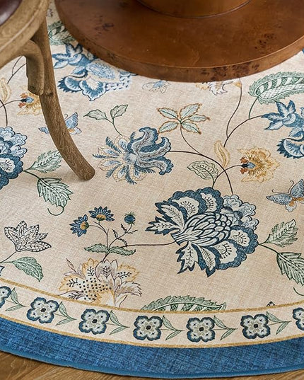 jinchan Elora 5ft Floral Round Rug for Entryway Washable Kitchen Rug Vintage Romance Design Non Slip Indoor Doormat Lightweight Low-Profile Throw Carpet for Living Room Dining Room Bedroom, Blue/Beige